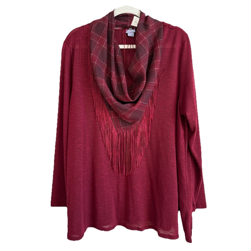 Laura Scott Women's 2X Burgundy Knit Top & Fringe Plaid Scarf Set‎ NEW Chic Boho